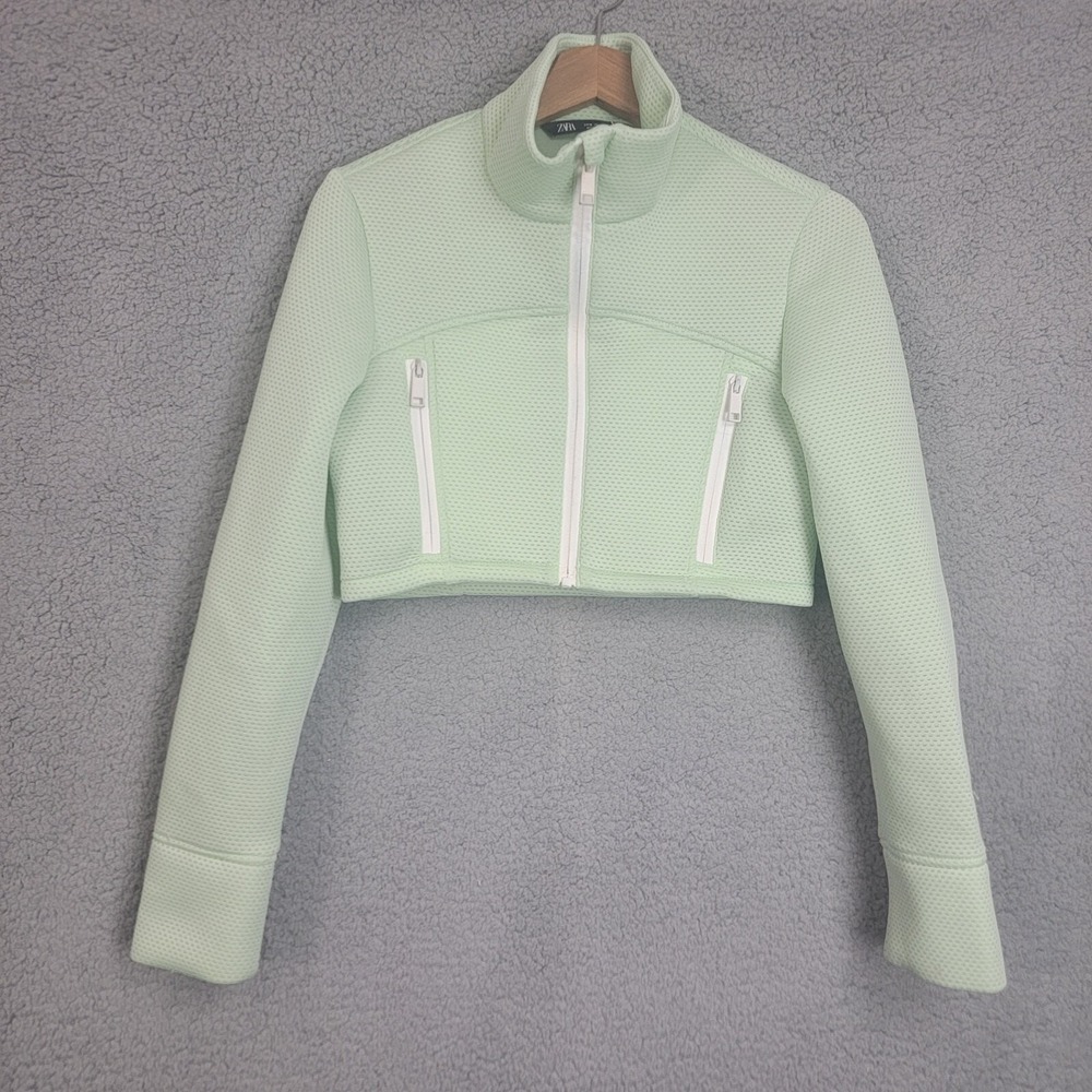 Zara Apple Green Cropped Zip-Up Jacket Sz M Long Sleeve Pockets Lightweight READ